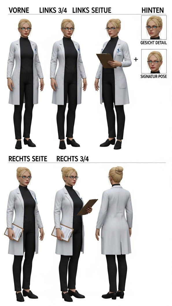 Dr. Conny Lingus, Wissenschaftlerin mit Brille, Laborkittel und Klemmbrett
